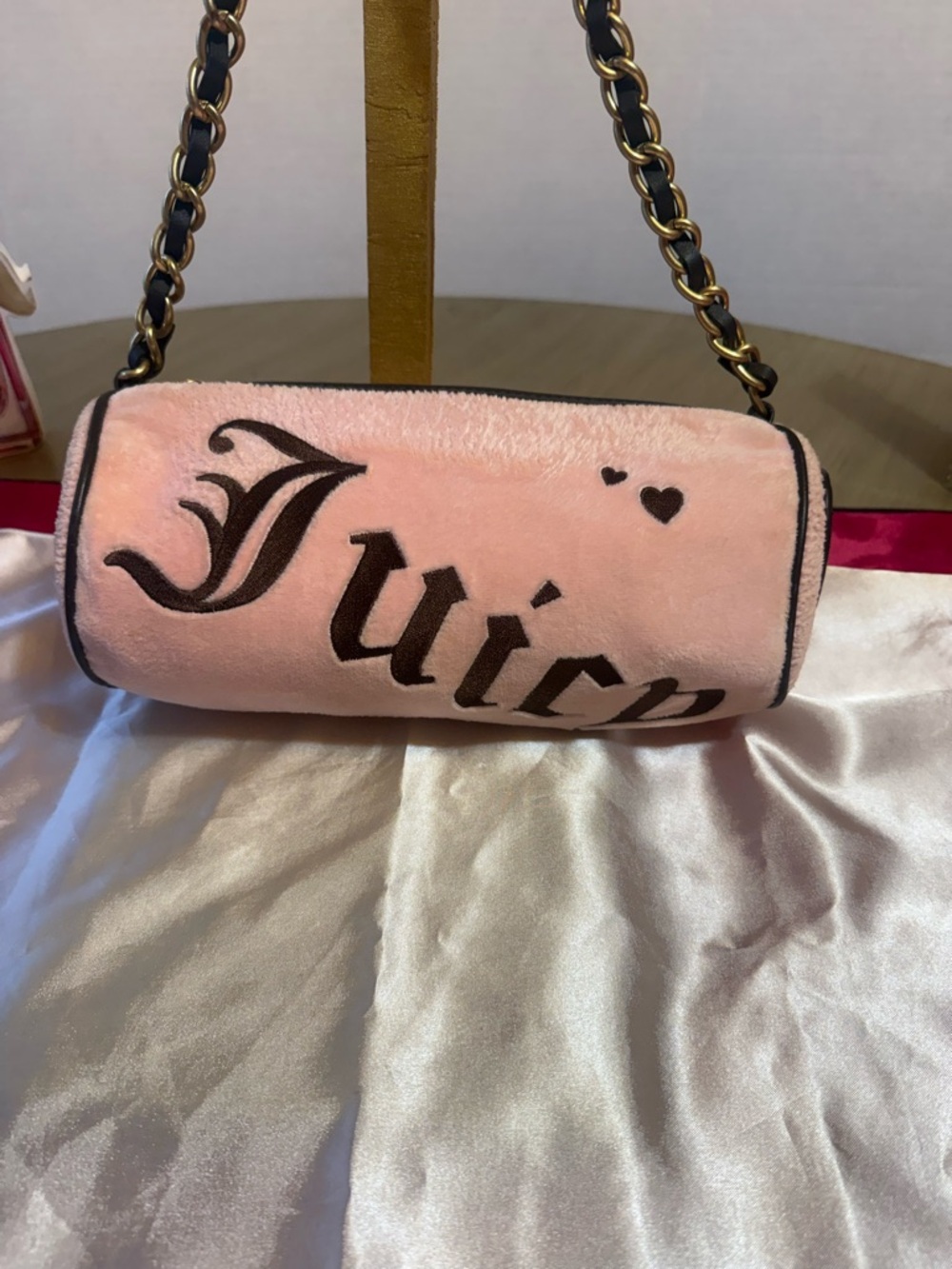 Juicy Couture Pink Plush Barrel Crossbody with Gold Chain